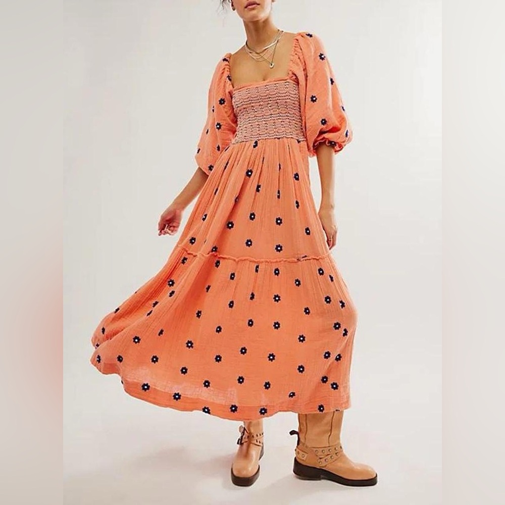 Free People Dahlia Embroidered Maxi Dress | Floral Peach Dress
